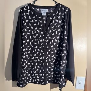 Women’s BonWorth Black White Cat Print Long Sleeve Blouse Size LP